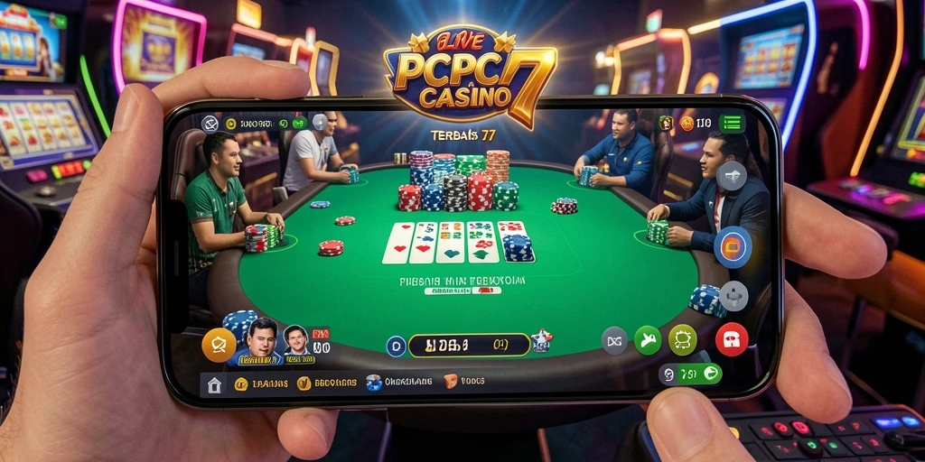 Screenshot PCPC7 menampilkan dealer langsung dan suasana kasino yang menegangkan.
