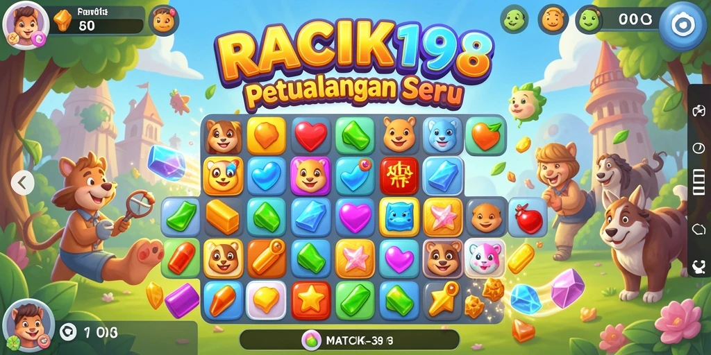 Screenshot menunjukkan gameplay seru RACIK198 dengan karakter dan tantangan Match-3.