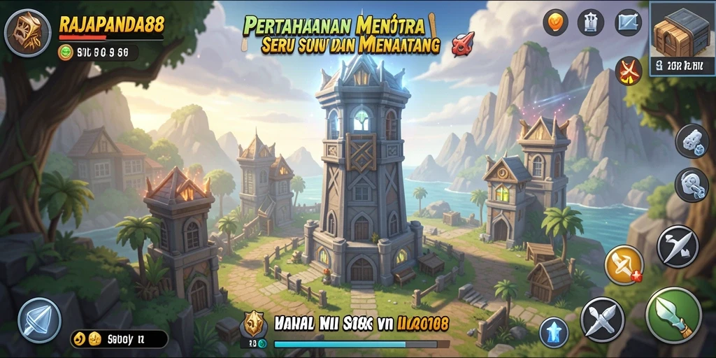 Screenshot RAJAPANDA88 menunjukkan aksi seru dalam pertahanan menara.