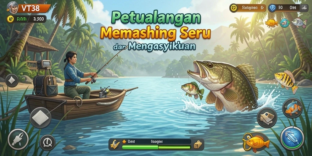 Menampilkan pengalaman seru memancing di danau virtual.